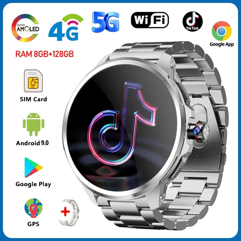 8GB+128GB RAM 5G/4G Smart Watch 1.95 inch AMOLED 2100mah Battery 900W Camera GPS WIFI Google APP Download Android 9.0 Smartwatch - Wear444