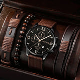 4pcs Quartz Watches Bracelet Watch Set For Men Business Fashion Casual Round Pointer Calendar Watch Accessories