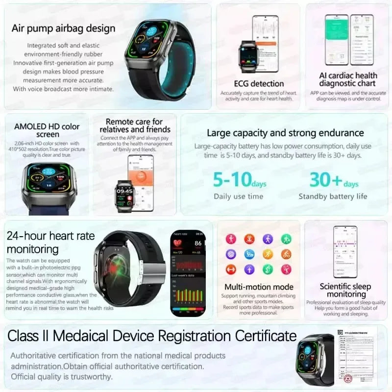 2025New Heart Health Analysi NFC Air Pump+Air Bag Smart Watch Men Accurate Blood Pressure Uric Acid ECG Call Smart Bracelet lady - Wear444