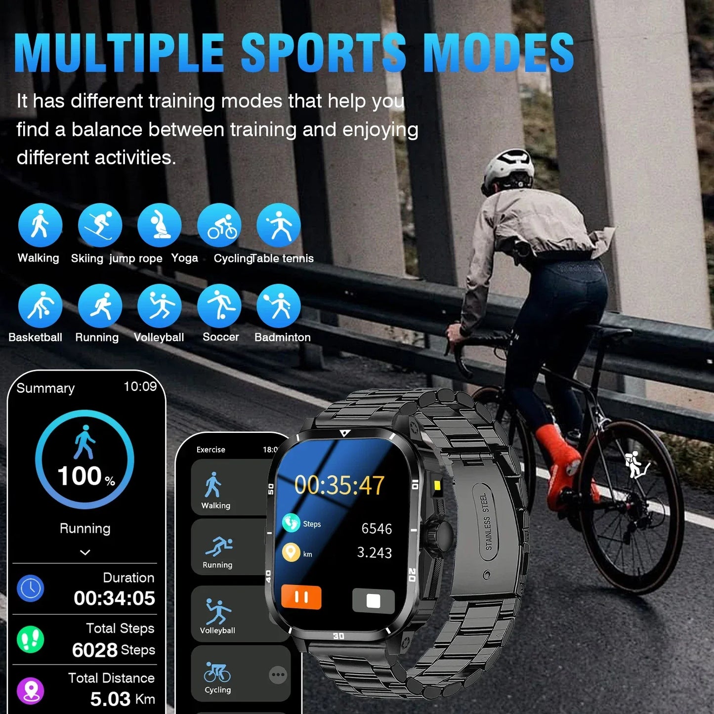 Smart watch, full touchscreen sports watch, Bluetooth calling, with flashlight, unisex, compatible with Android and iPhone. - Wear444