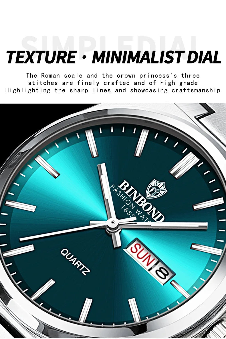 BINBOND Top Brand Luxury Men Quartz Watches Original Watch for Man Waterproof Luminous Date Week Stainless Steel Wristwatch Male