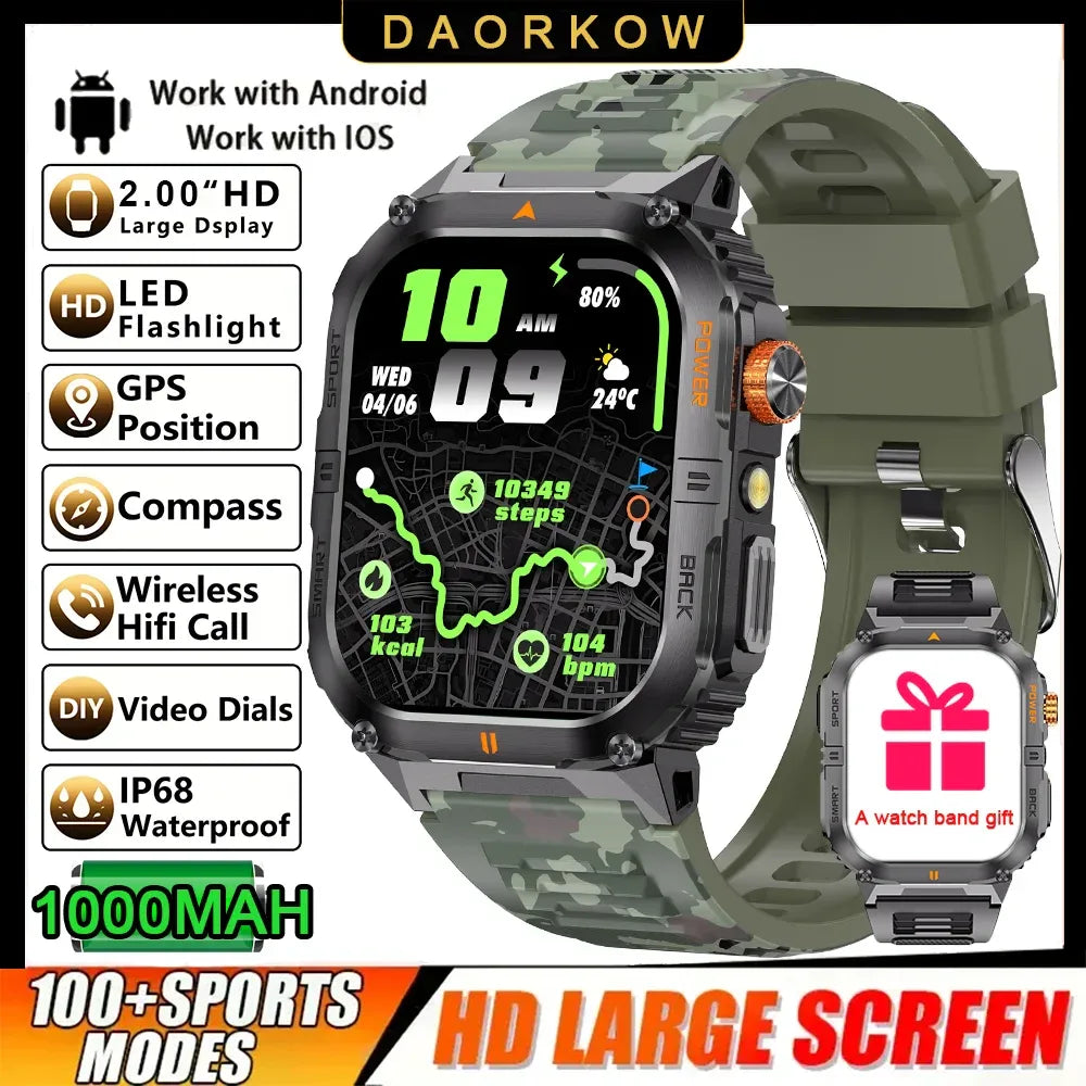 New 1000mAh military outdoor smartwatch for men, LED flashlight, IP68 waterproof, GPS sports, 2.01-inch Bluetooth call smartwatc - Wear444