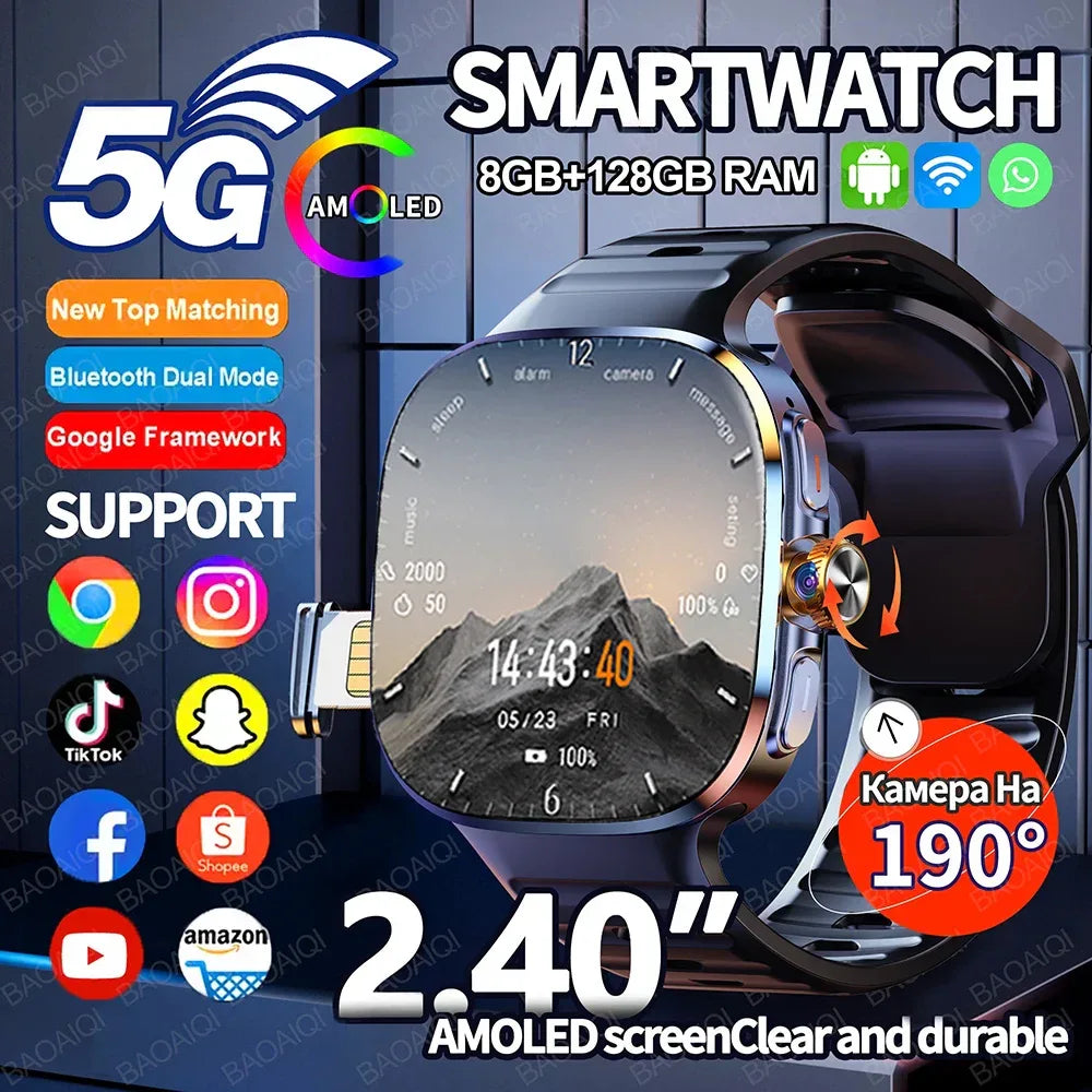 5G/4G Full Network Smart Watch 2.40 inch Big Screen HD Video Call 8GB+128GB RAM 2100mAh Google Play WIFI GPS Sim Card Smartwatch - Wear444