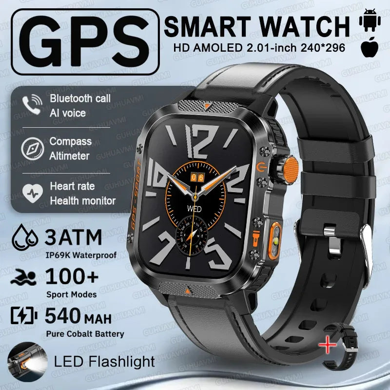 2025 New GPS Military Outdoor Sports Smart Watch Men 2.01-inch AMOLED 3ATM IP69K Waterproof Compass Call Swim Fitness Smartwatch - Wear444