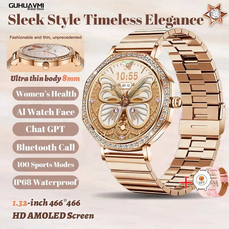 2025 New Ladies' Fashion Smartwatch Diamond Frame HD AMOLED Screen Bluetooth Call Health Monitoring Waterproof Smart Watch Gift - Wear444