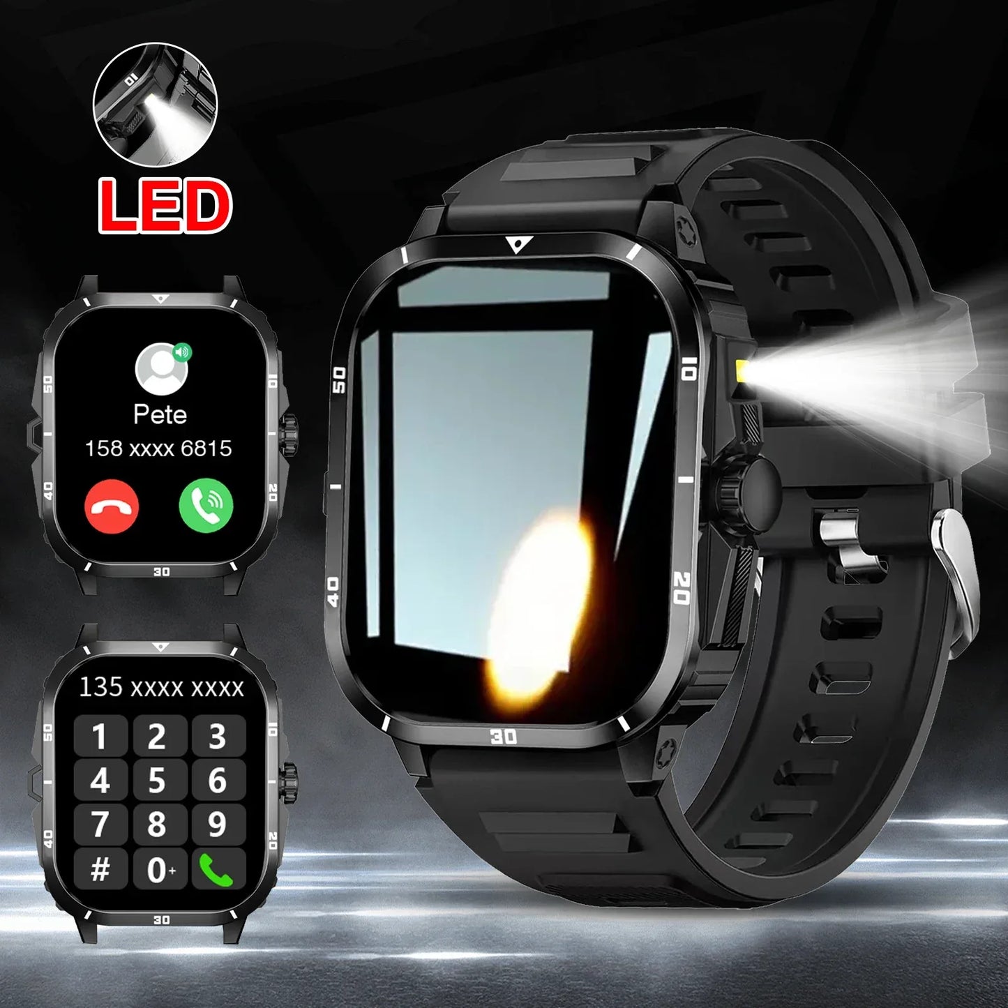 Smart watch, full touchscreen sports watch, Bluetooth calling, with flashlight, unisex, compatible with Android and iPhone. - Wear444