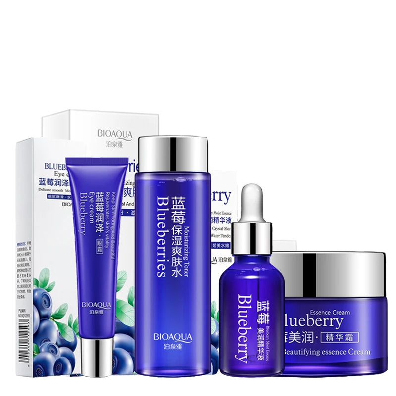 4 Pieces Blueberry Skincare Set Moisturizing Face Serum Brighten Cream Antiage Eye Cream Toner Facial Care Set for Dropshipping