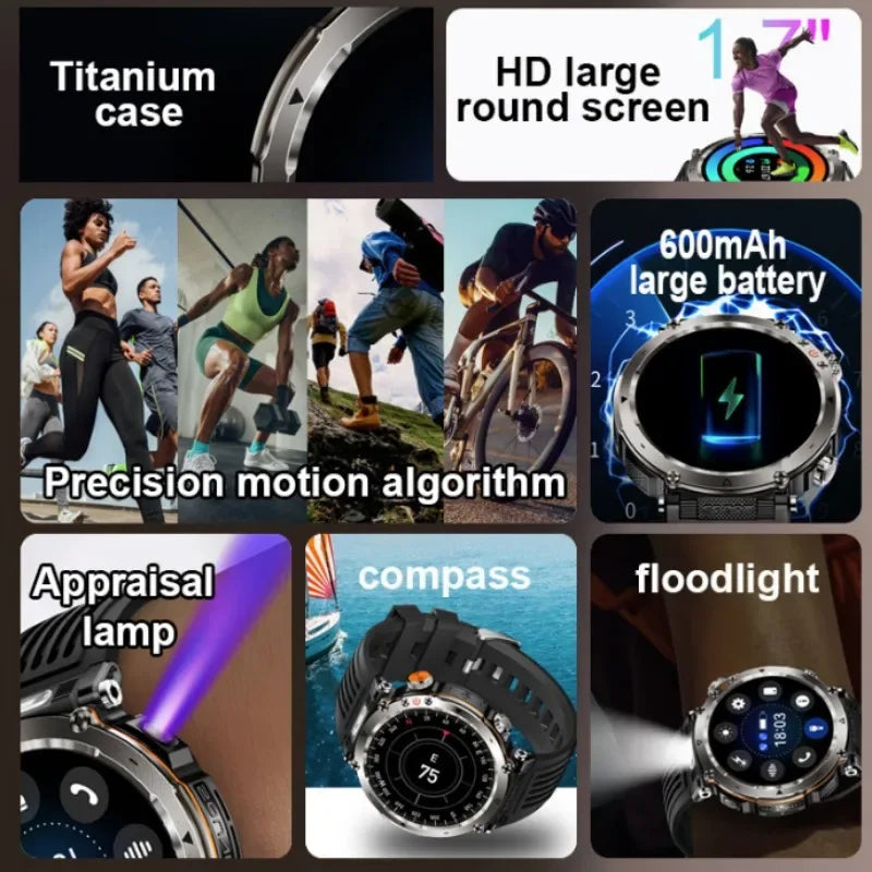 Flashlight Smart Watch Men BT Calls Voice Assistant Watchproof Heart Rate Monitor Remote Control Photography Outdoor Compass - Wear444