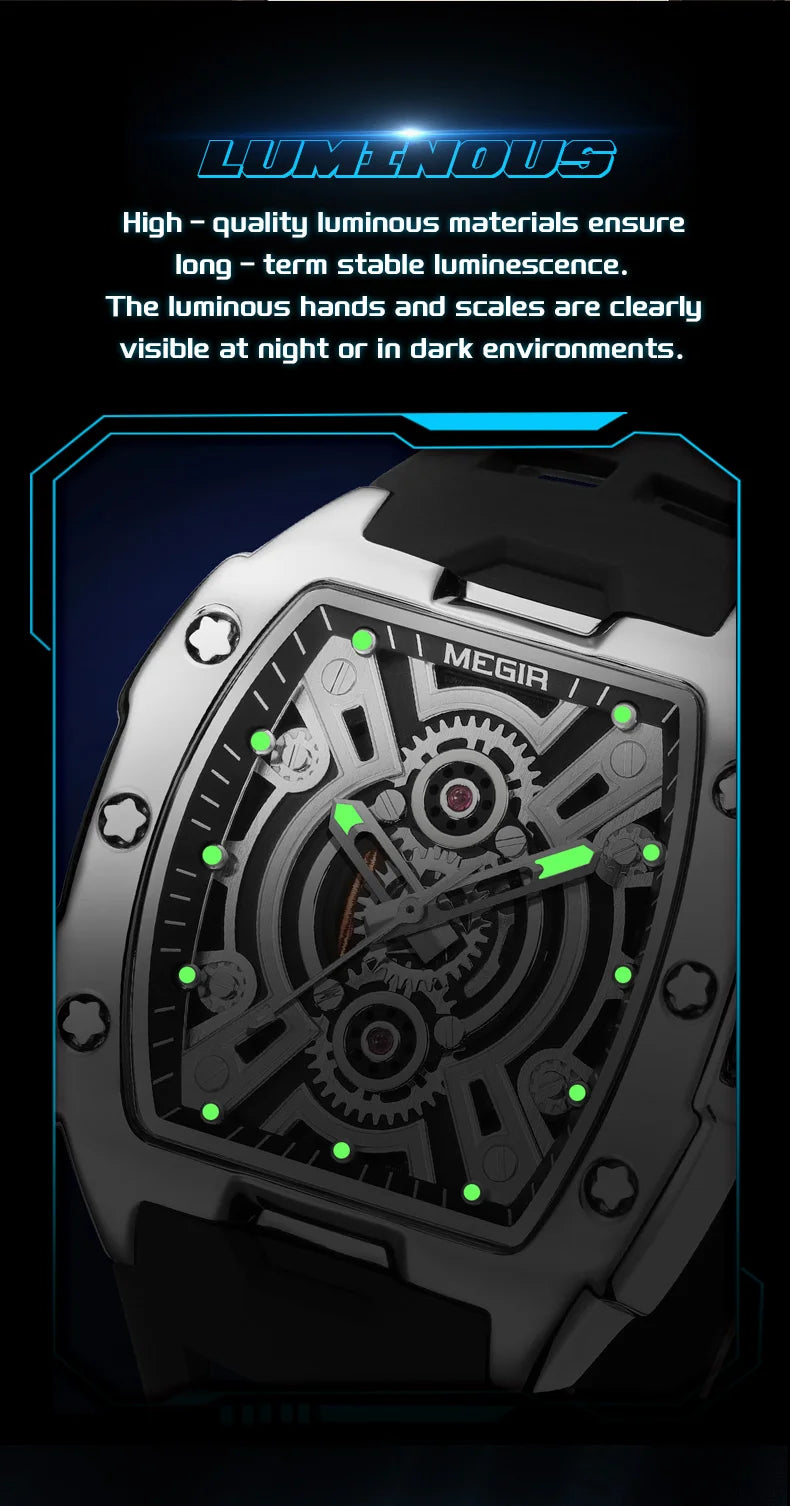 MEGIR Fashion Sport Quartz Watch for Men Tonneau Case Waterproof Luminous Hands Wristwatch with Silicone Strap Hollowed-out Dial