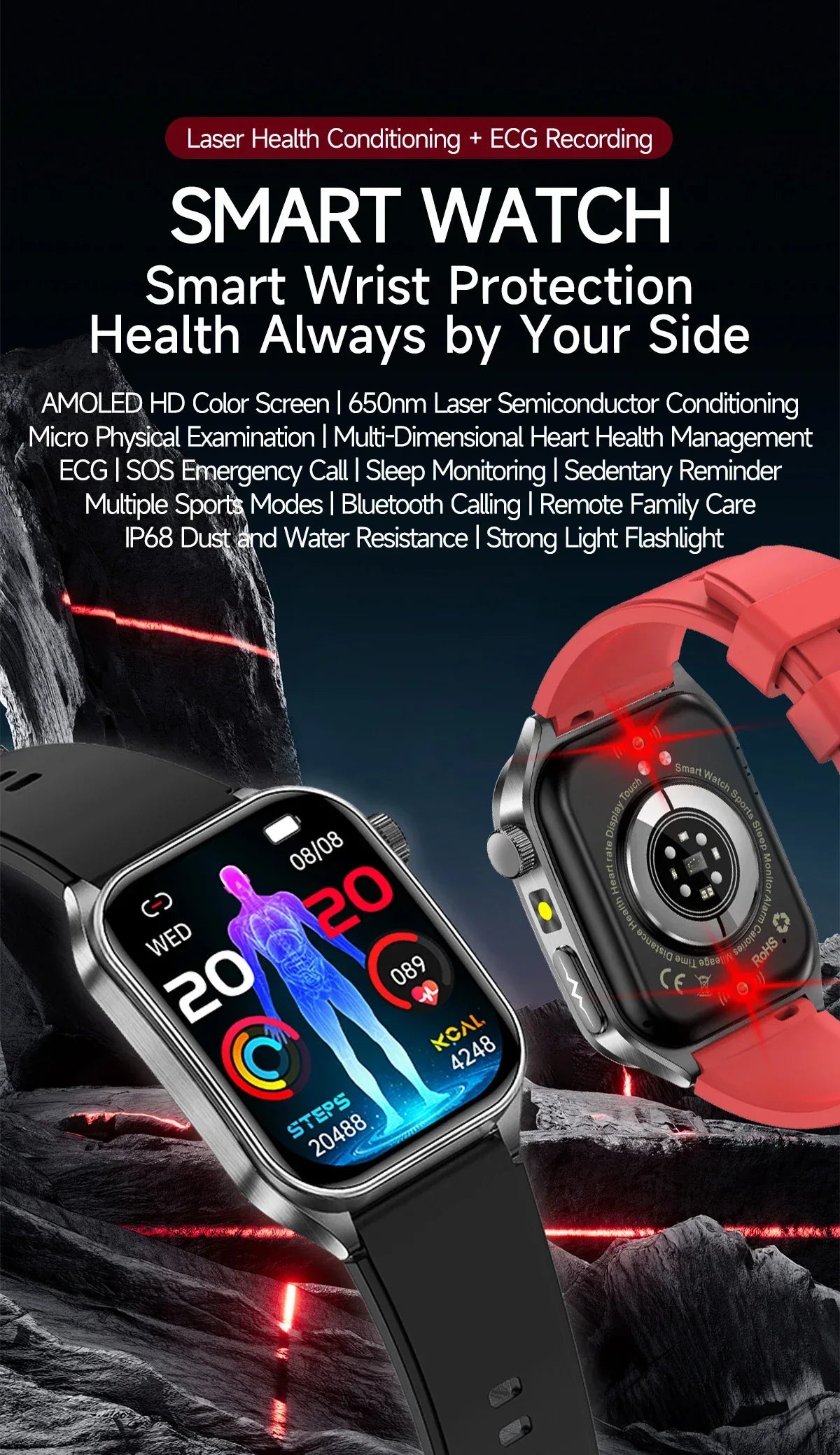 2025Hot AI-GPT Diagosis ECG Health SmartWatch Blood Pressure Lipid Uric Acid 650nm Dual-Probelaser Heart Analysis Smart bracelet - Wear444