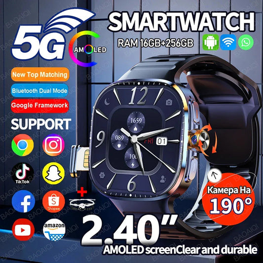 5G/4G Full Network Smart Watch 720*720 AMOLED Screen 16GB+256GB RAM Video Call 900W Camera GPS WIFI Google 2100 mAh Smartwatch - Wear444