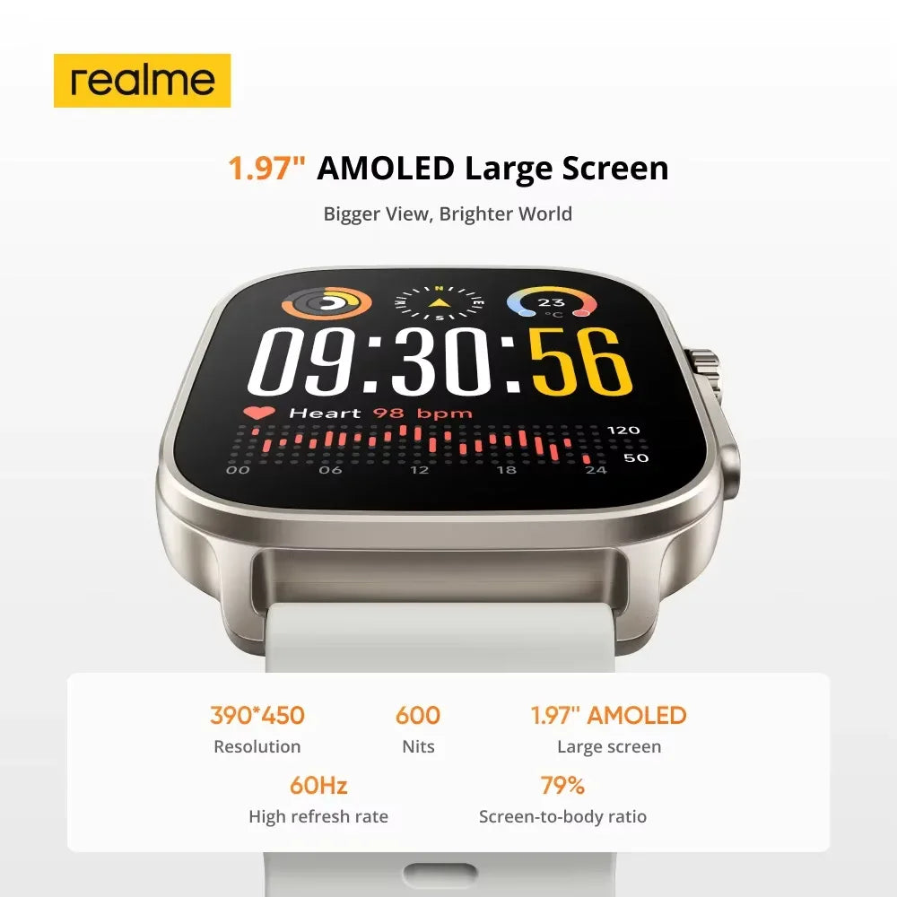 realme Watch 5 Smart Watch 1.97" 2D Flat AMOLED Display Compass & Independent GPS with 5 GNSS 14-day Battery Life NFC Card IP68 - Wear444