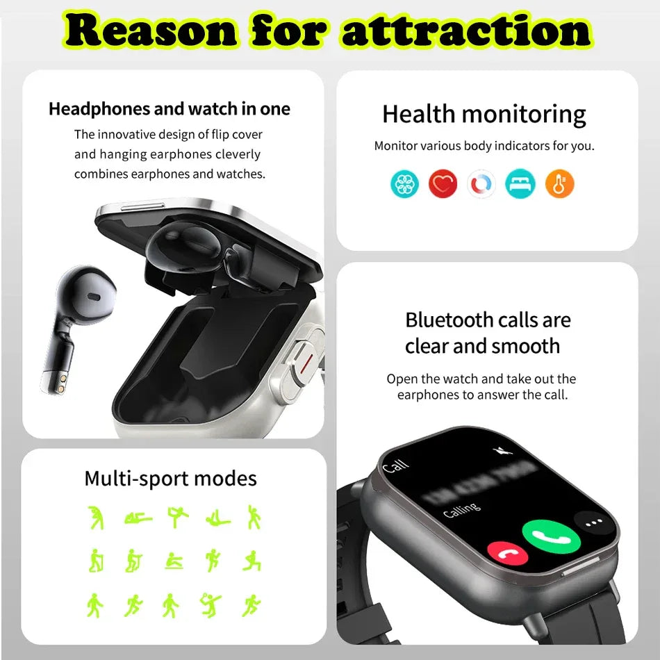 NFC Smart Watch TWS 2-in-1 Headset Bluetooth Call Heart Rate Blood Pressure Health Monitoring Headphones Play Music Smartwatch - Wear444