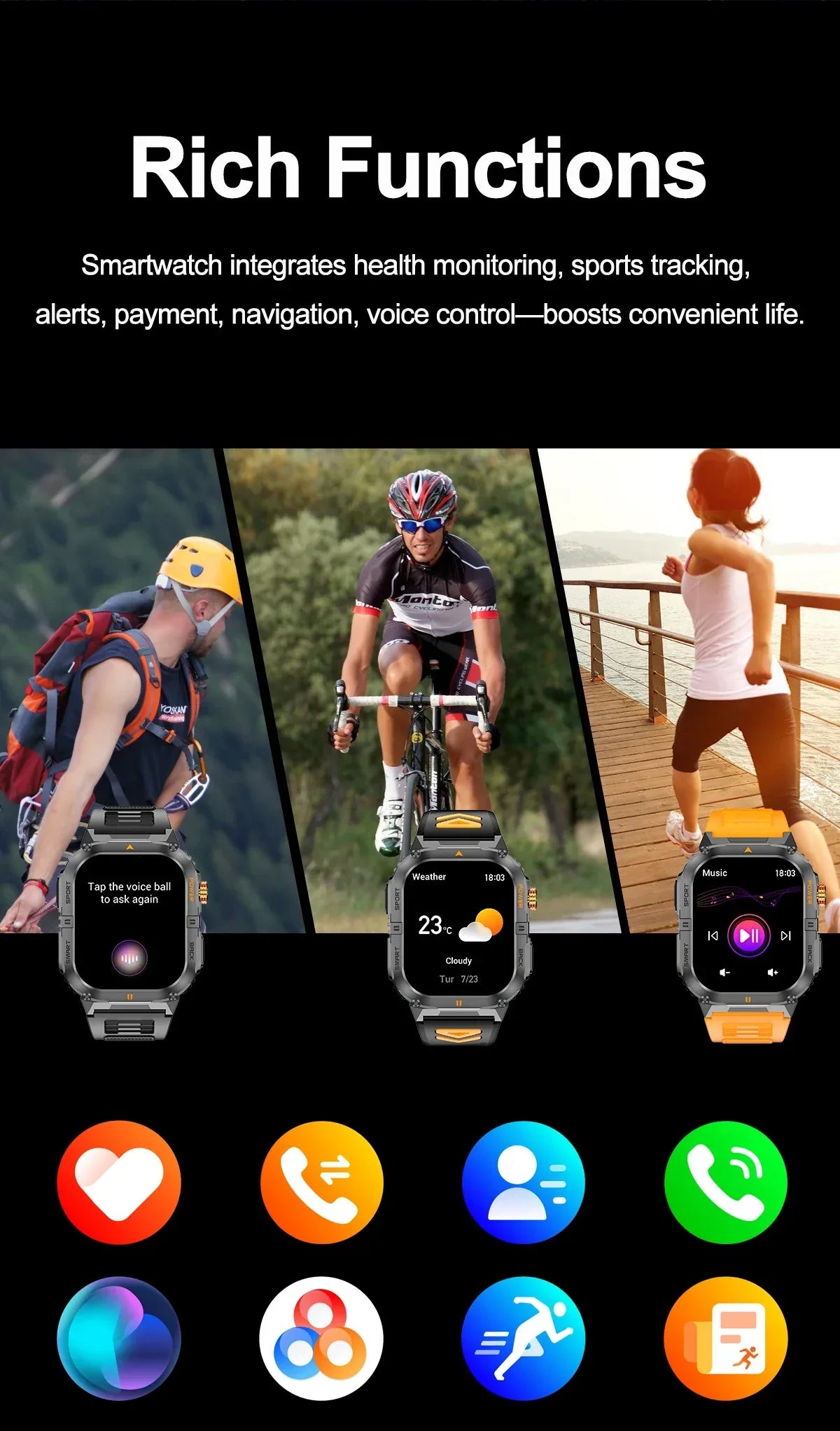 New 1000mAh military outdoor smartwatch for men, LED flashlight, IP68 waterproof, GPS sports, 2.01-inch Bluetooth call smartwatc - Wear444