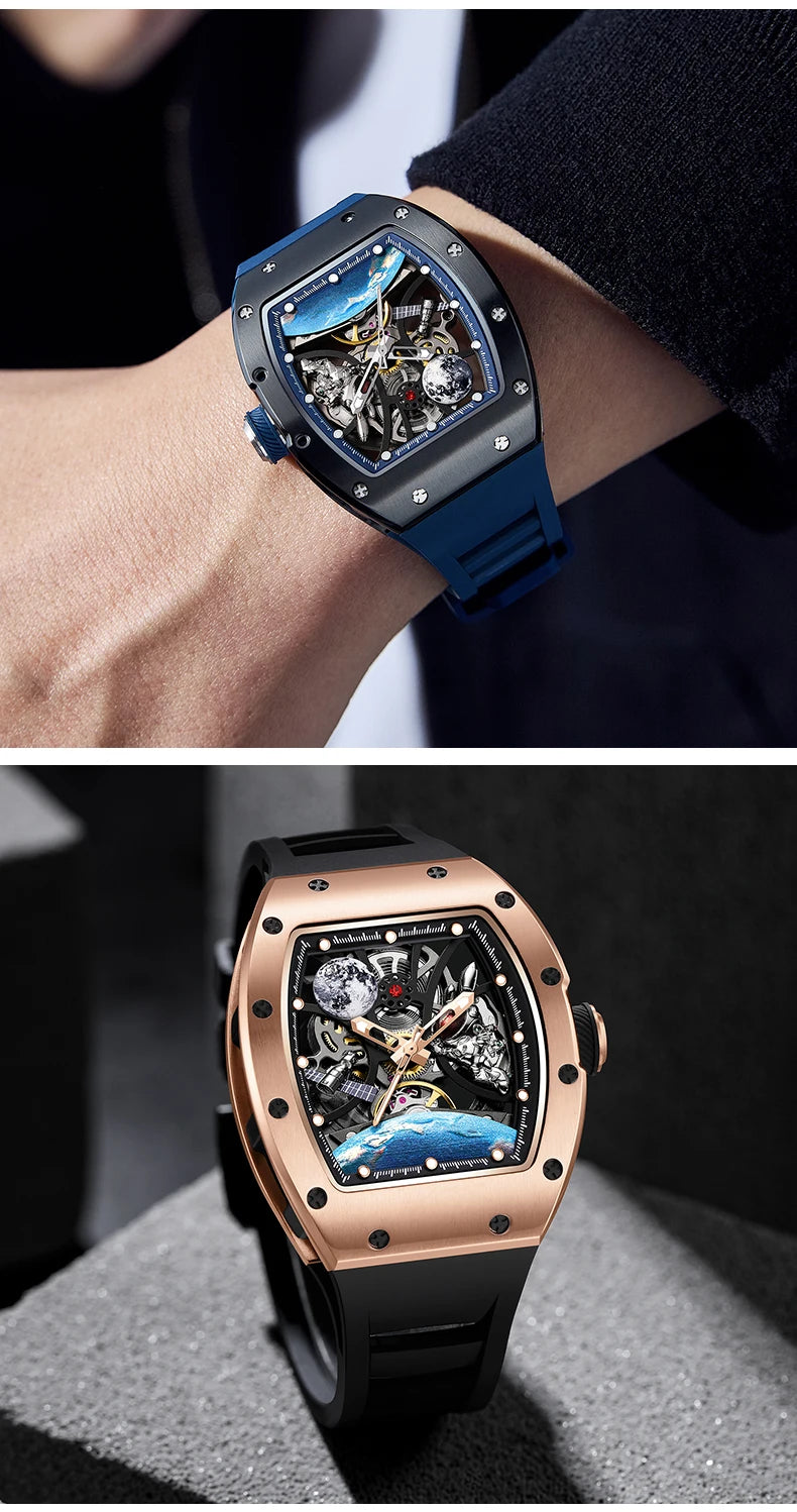 Men's Automatic Watches for Men Fashion Tonneau Mechanical Clock Earth Dial Waterproof Luxury Luminous Skeleton Mens WristWatch