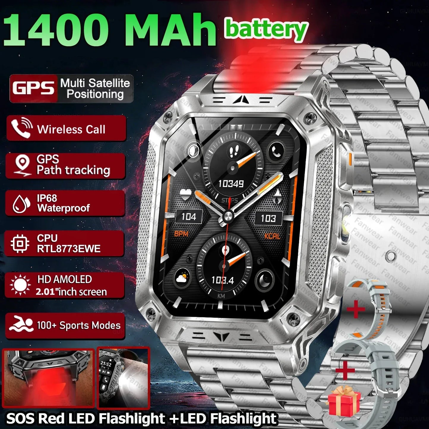 Robust military smart watch 1400Mah battery fitness tracking 10ATM waterproof tactical sports flashlight men's phone watch - Wear444