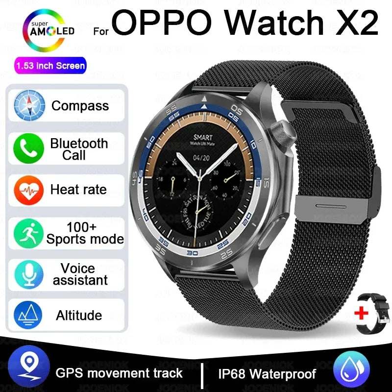2025 New OPPO X2 Smart Watch Men's GPS Sports IP68 Waterproof Compass Heart Rate Blood Oxygen Bluetooth Call Smartwatches IOS - Wear444