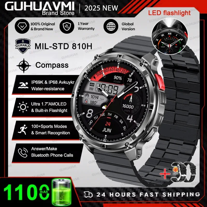 2026 New T-REX3 1100mAh Battery Smart Watch Men 10ATM Waterproof GPS Bluetooth Call 1.7" AMOLED HD Sports Flashlight Smart Watch - Wear444