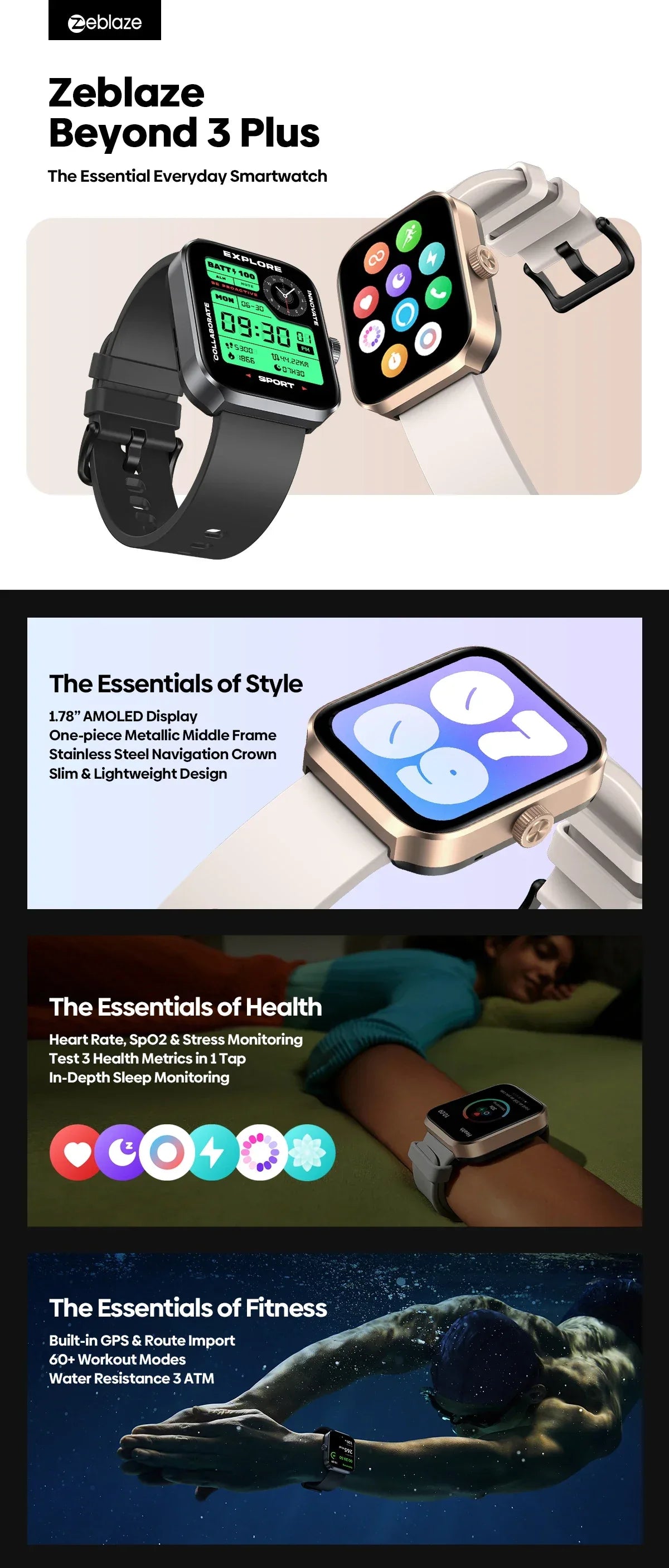 New Zeblaze Beyond 3 Plus GPS Smart Watch 1.78'' AMOLED Display Built-in Amazon Alexa Make/Receive Phone Calls 3ATM Smartwatch - Wear444