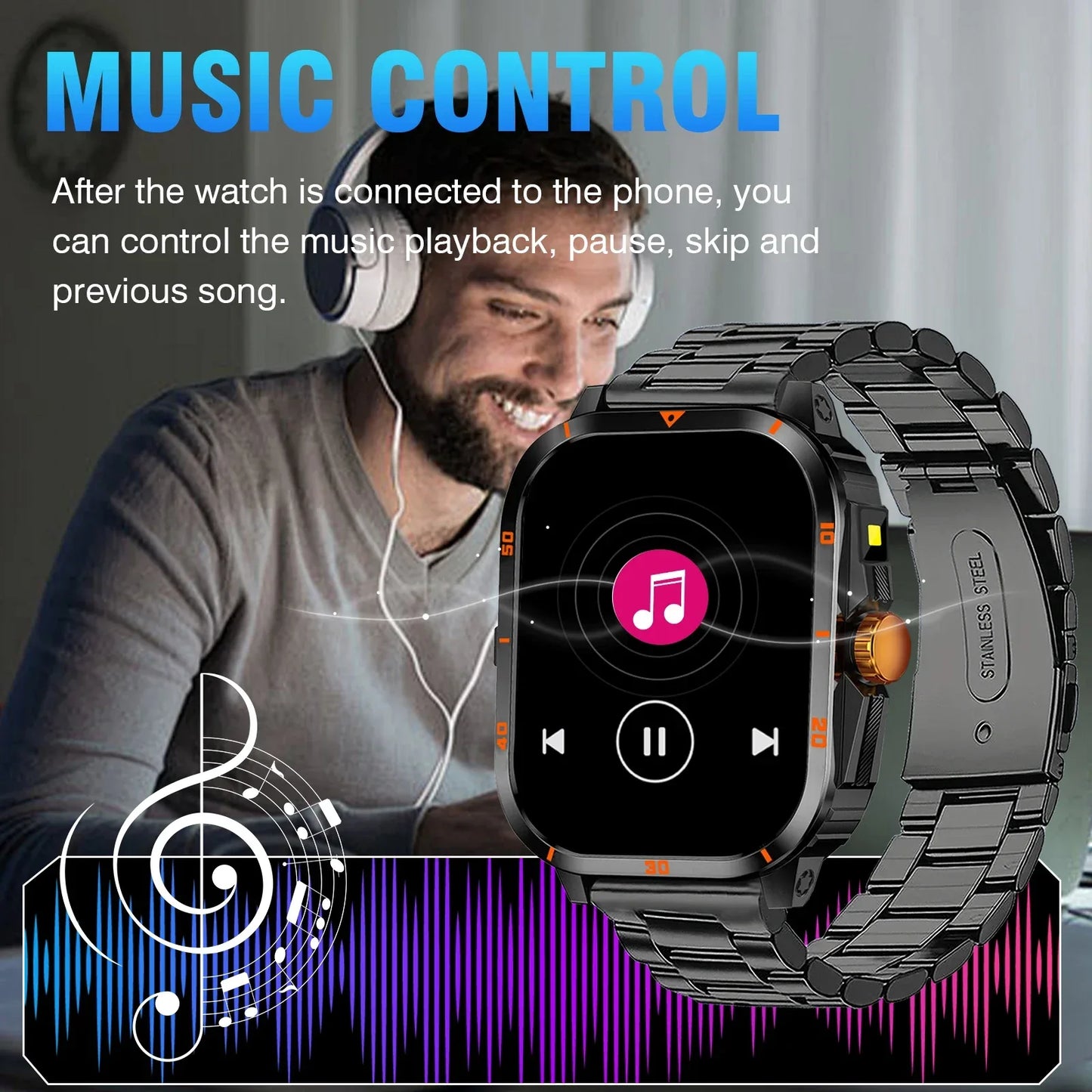 Smart watch, full touchscreen sports watch, Bluetooth calling, with flashlight, unisex, compatible with Android and iPhone. - Wear444