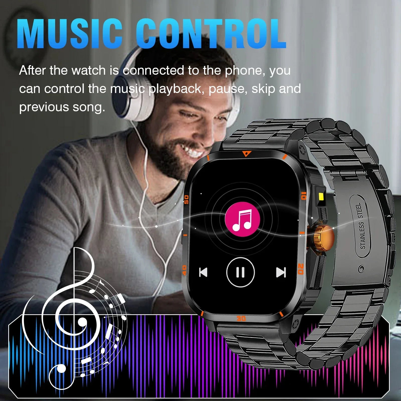 Smart watch, full touchscreen sports watch, Bluetooth calling, with flashlight, unisex, compatible with Android and iPhone. - Wear444