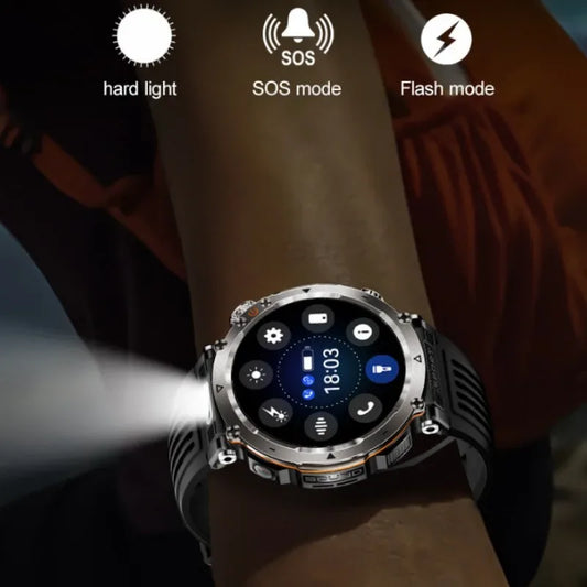 Flashlight Smart Watch Men BT Calls Voice Assistant Watchproof Heart Rate Monitor Remote Control Photography Outdoor Compass - Wear444