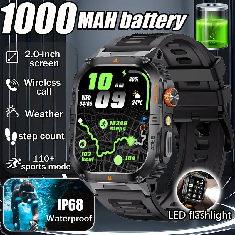 New 1000mAh military outdoor smartwatch for men, LED flashlight, IP68 waterproof, GPS sports, 2.01-inch Bluetooth call smartwatc - Wear444
