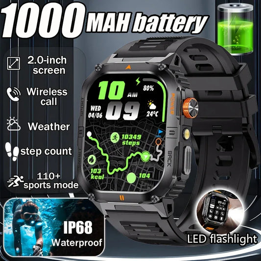 New 1000mAh military outdoor smartwatch for men, LED flashlight, IP68 waterproof, GPS sports, 2.01-inch Bluetooth call smartwatc - Wear444