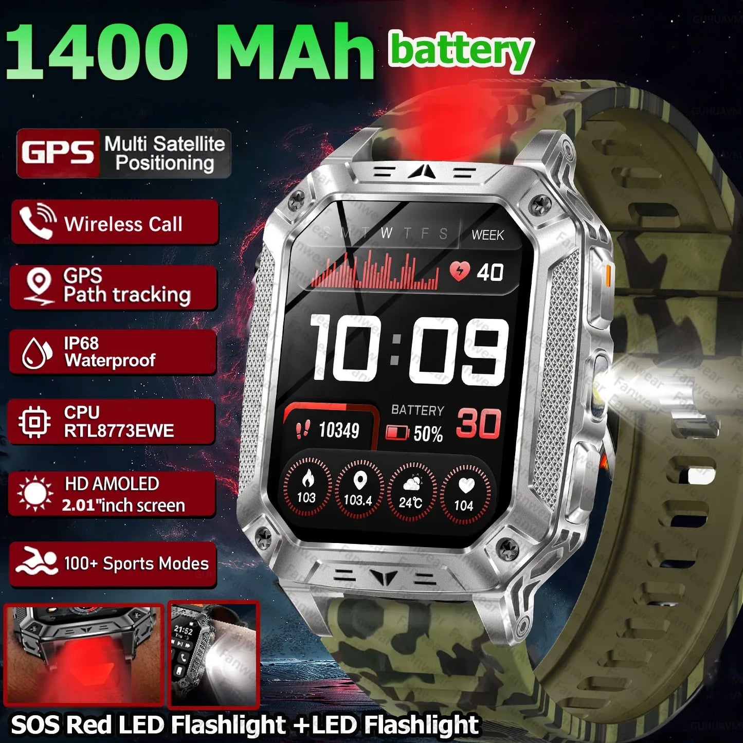 Robust military smart watch 1400Mah battery fitness tracking 10ATM waterproof tactical sports flashlight men's phone watch - Wear444