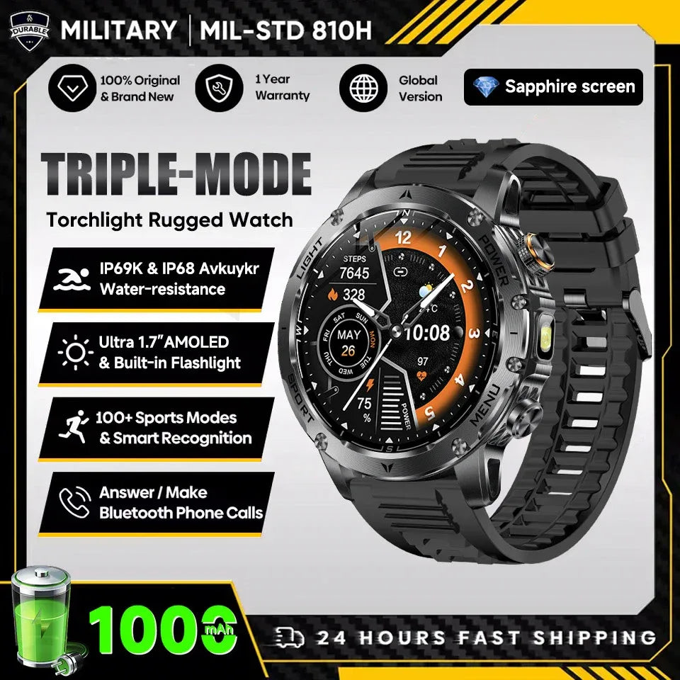 2025 New Military T-Rex 3 Ultra 1000mAh Battery Smart Watch 5ATM Waterproof Flashlight Heart Rate Sports tracker Smartwatch Men - Wear444