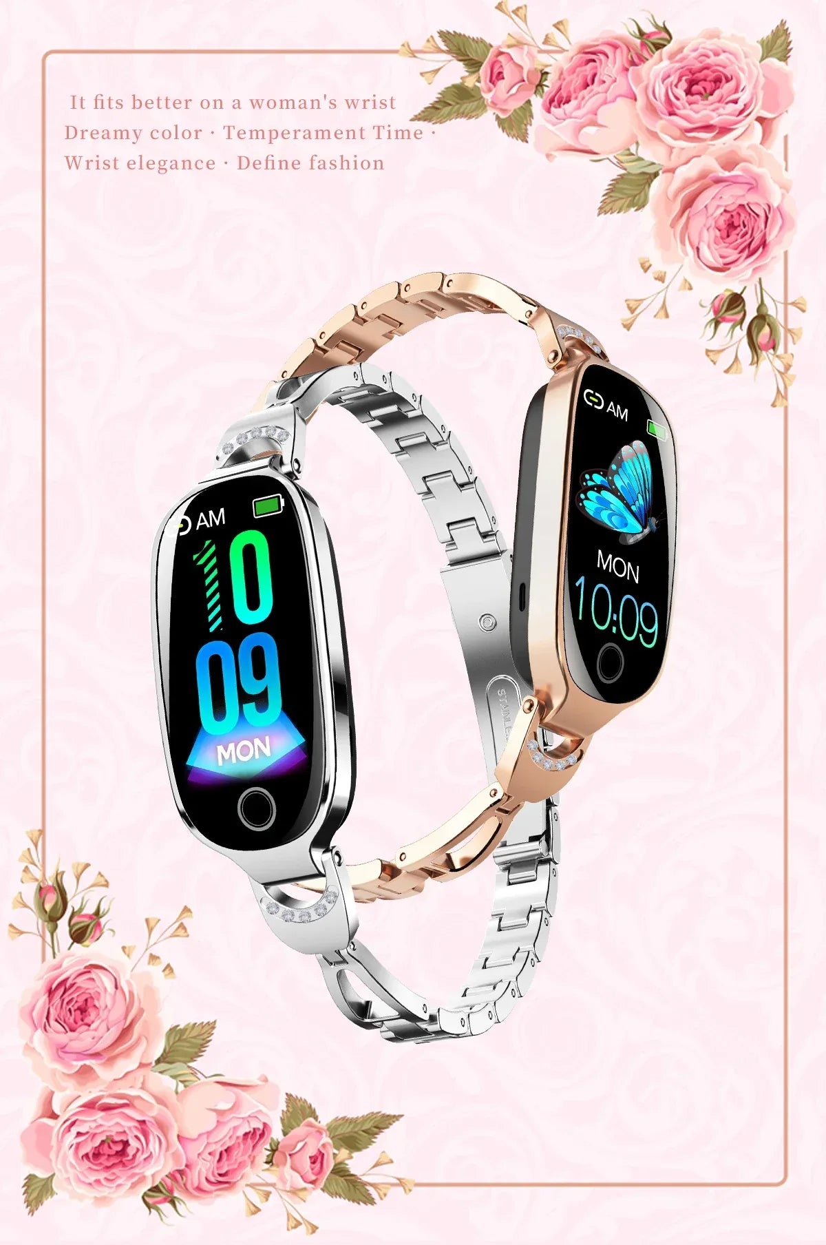 Fashion Smart Watch for Women With Metal Case Strap Bluetooth Calls Femel Menstrual Reminder Heart Rate Blood Pressure Monitor - Wear444