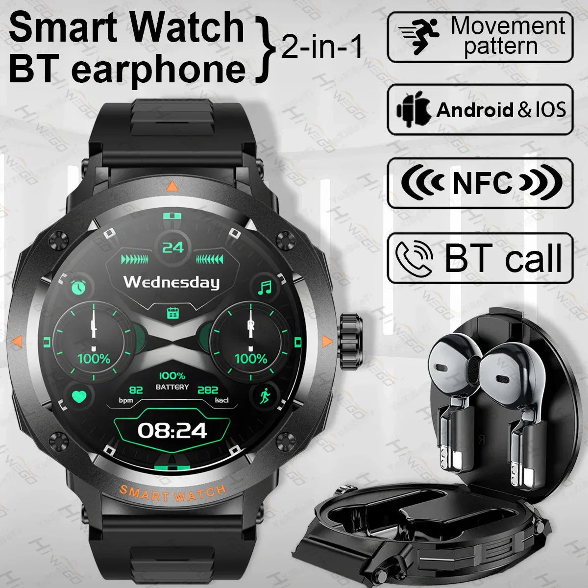 2025 NewSmart Watch With BT earphone 2-In-1 NFC Bluetooth Call Men Watch GPS Track Heart Rate Monitor Play Music SmartWatch GIFT - Wear444