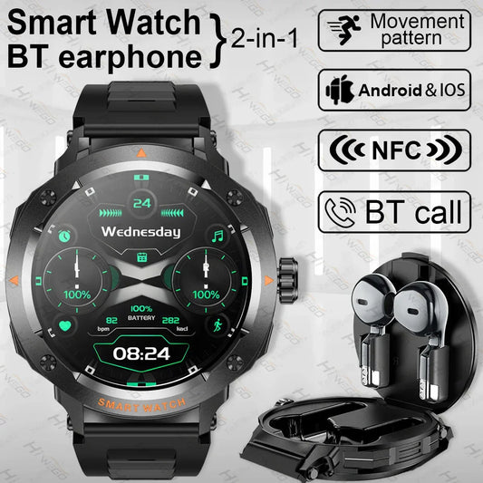2025 NewSmart Watch With BT earphone 2-In-1 NFC Bluetooth Call Men Watch GPS Track Heart Rate Monitor Play Music SmartWatch GIFT - Wear444