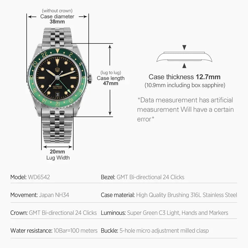 Watchdives WD6542 case side profile BGW9 luminous — Wear444