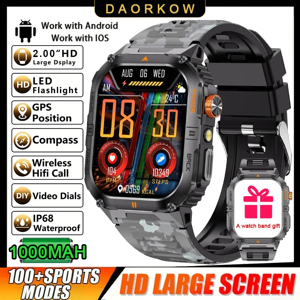 New 1000mAh military outdoor smartwatch for men, LED flashlight, IP68 waterproof, GPS sports, 2.01-inch Bluetooth call smartwatc - Wear444