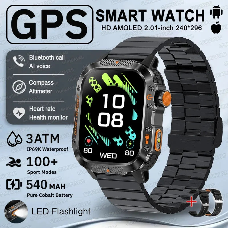 2025 New GPS Military Outdoor Sports Smart Watch Men 2.01-inch AMOLED 3ATM IP69K Waterproof Compass Call Swim Fitness Smartwatch - Wear444