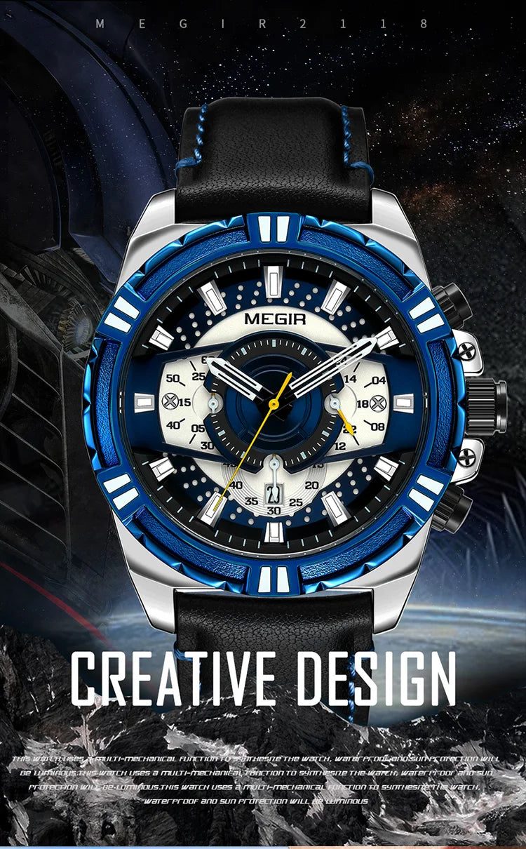 MEGIR Luxury Chronograph Watch - Leather Belt Luminous Sports Business
