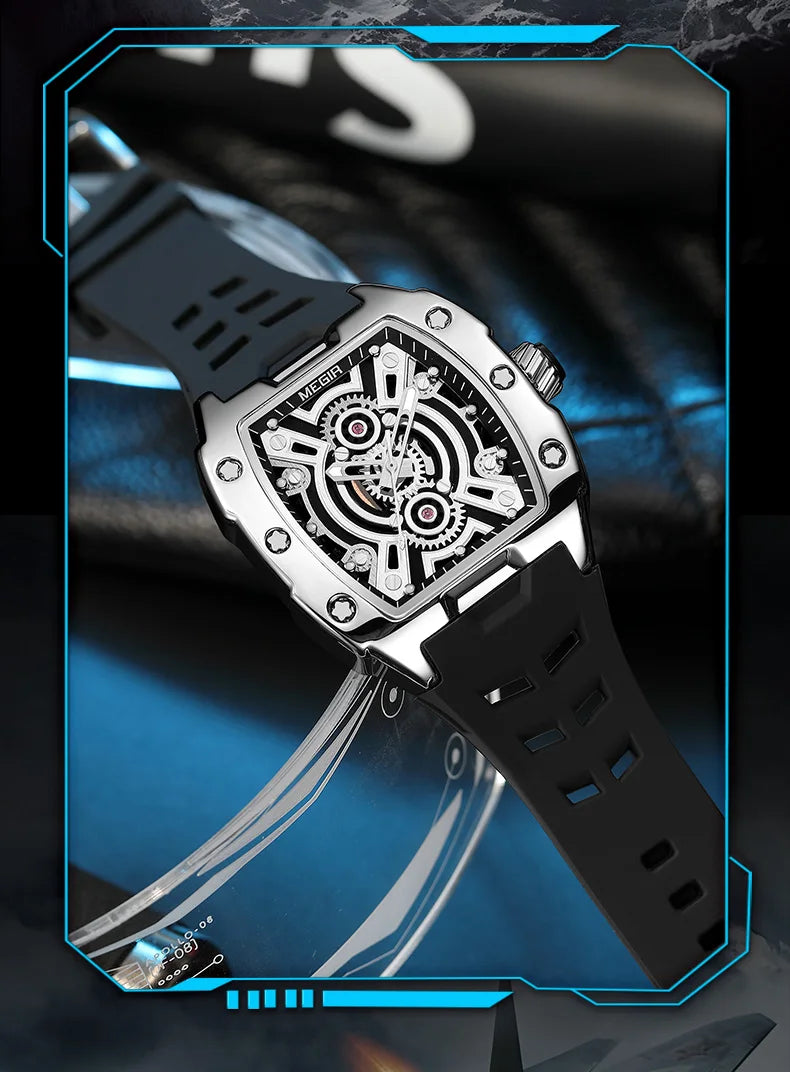 MEGIR Fashion Sport Quartz Watch for Men Tonneau Case Waterproof Luminous Hands Wristwatch with Silicone Strap Hollowed-out Dial