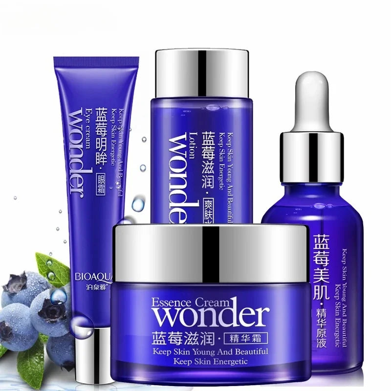 4 Pieces Blueberry Skincare Set Moisturizing Face Serum Brighten Cream Antiage Eye Cream Toner Facial Care Set for Dropshipping