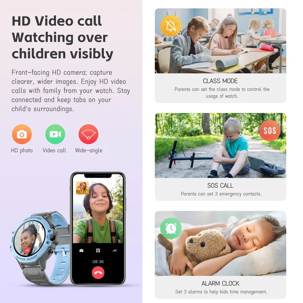 Kids 4G Smart Watch Student 1.28" Waterproof GPS WIFI LBS Location Video Call Chat Calculator Children Smartwatch 670Mah Battery - Wear444