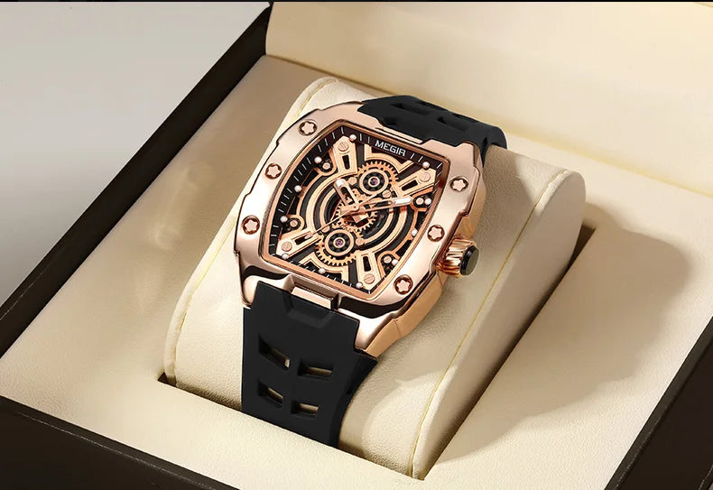 MEGIR Fashion Sport Quartz Watch for Men Tonneau Case Waterproof Luminous Hands Wristwatch with Silicone Strap Hollowed-out Dial