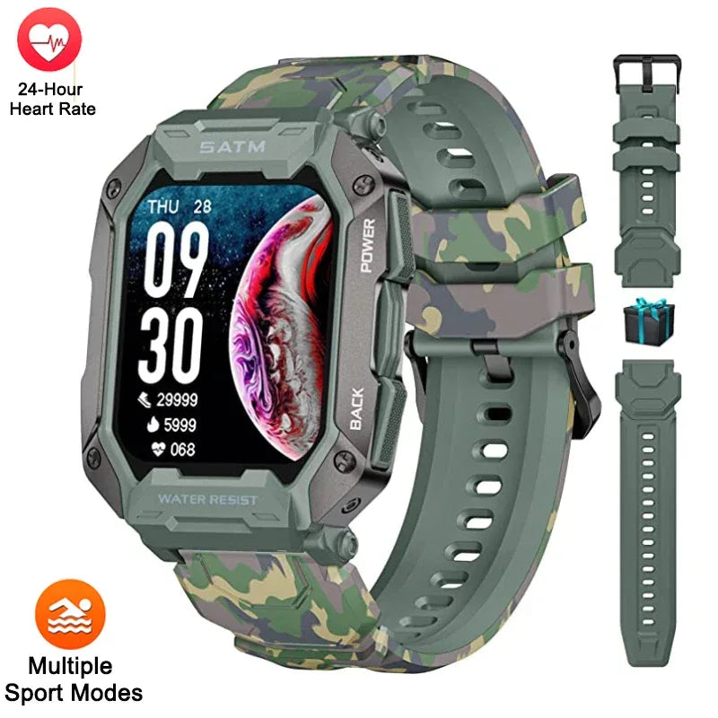 Military Smart Watch Men Carbon Black Ultra Army Outdoor 5ATM Waterproof Sports Smartwatch 2024 Heart Rate Blood Oxygen Monitor - Wear444