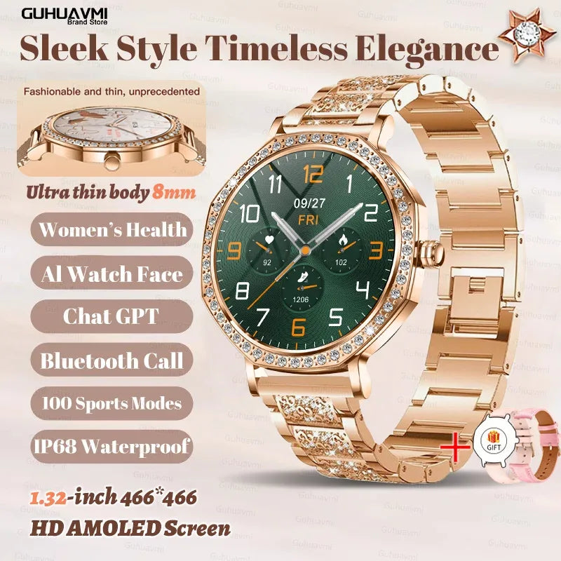 2025 New Ladies' Fashion Smartwatch Diamond Frame HD AMOLED Screen Bluetooth Call Health Monitoring Waterproof Smart Watch Gift - Wear444