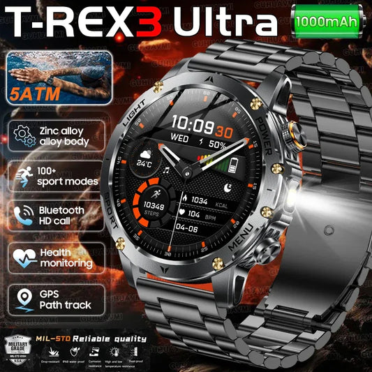 2025 New Military T-Rex 3 Ultra 1000mAh Battery Smart Watch 5ATM Waterproof Flashlight Heart Rate Sports tracker Smartwatch Men - Wear444