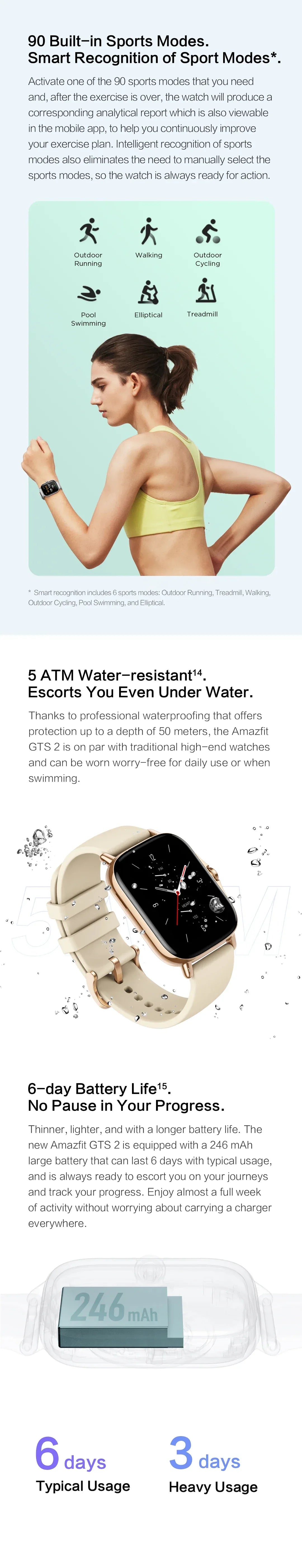 Amazfit GTS 2 Smartwatch 5ATM Waterproof All-round Health and Fitness Tracking Smart Watch ALEXA Built-In 95-90New Smart Watches - Wear444
