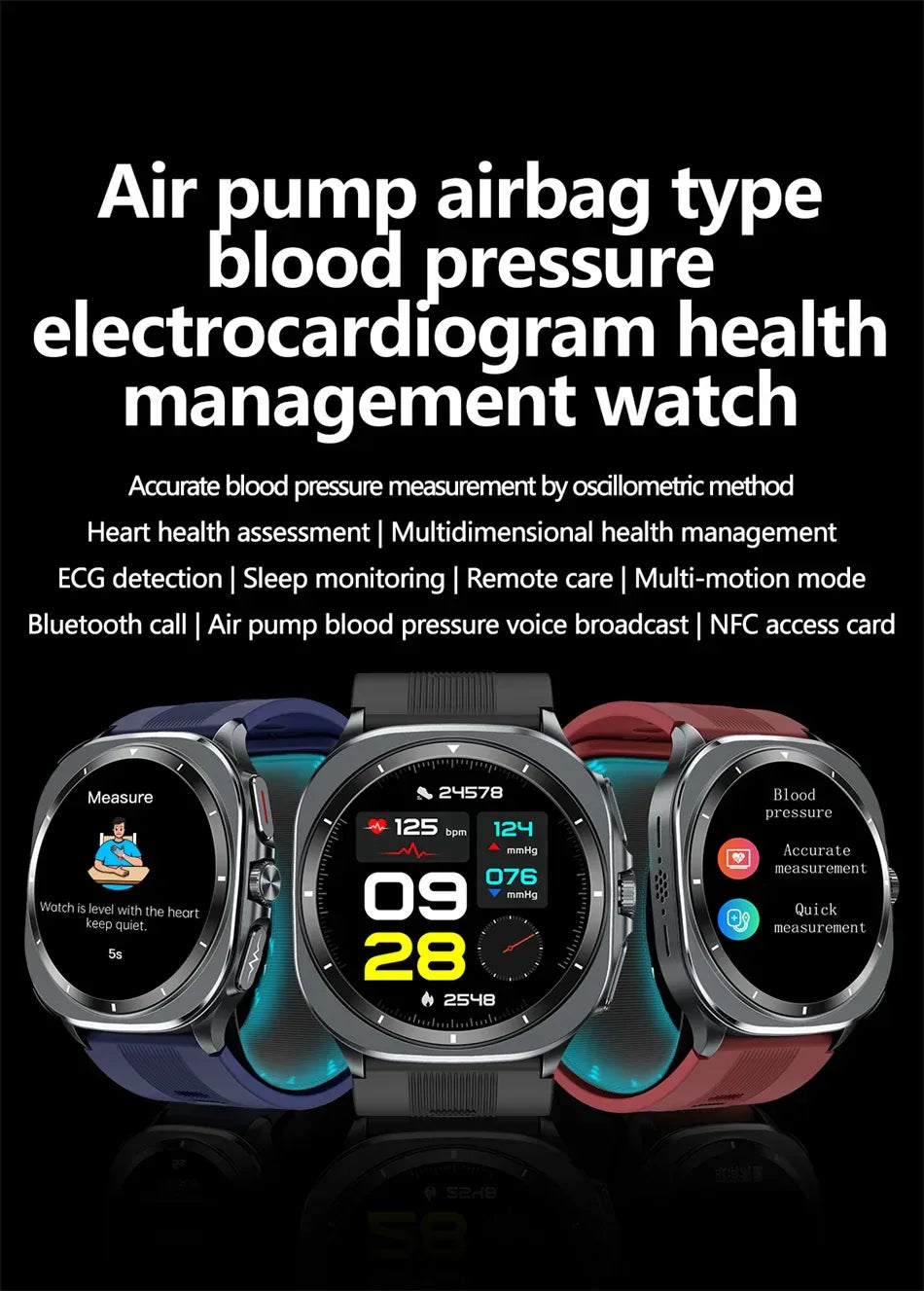 Airbag measurement Smart Watch Men ECG Air Pump Blood Pressure Blood Oxygen BT Call NFC SmartWatch For Man Android iOS upgrade - Wear444