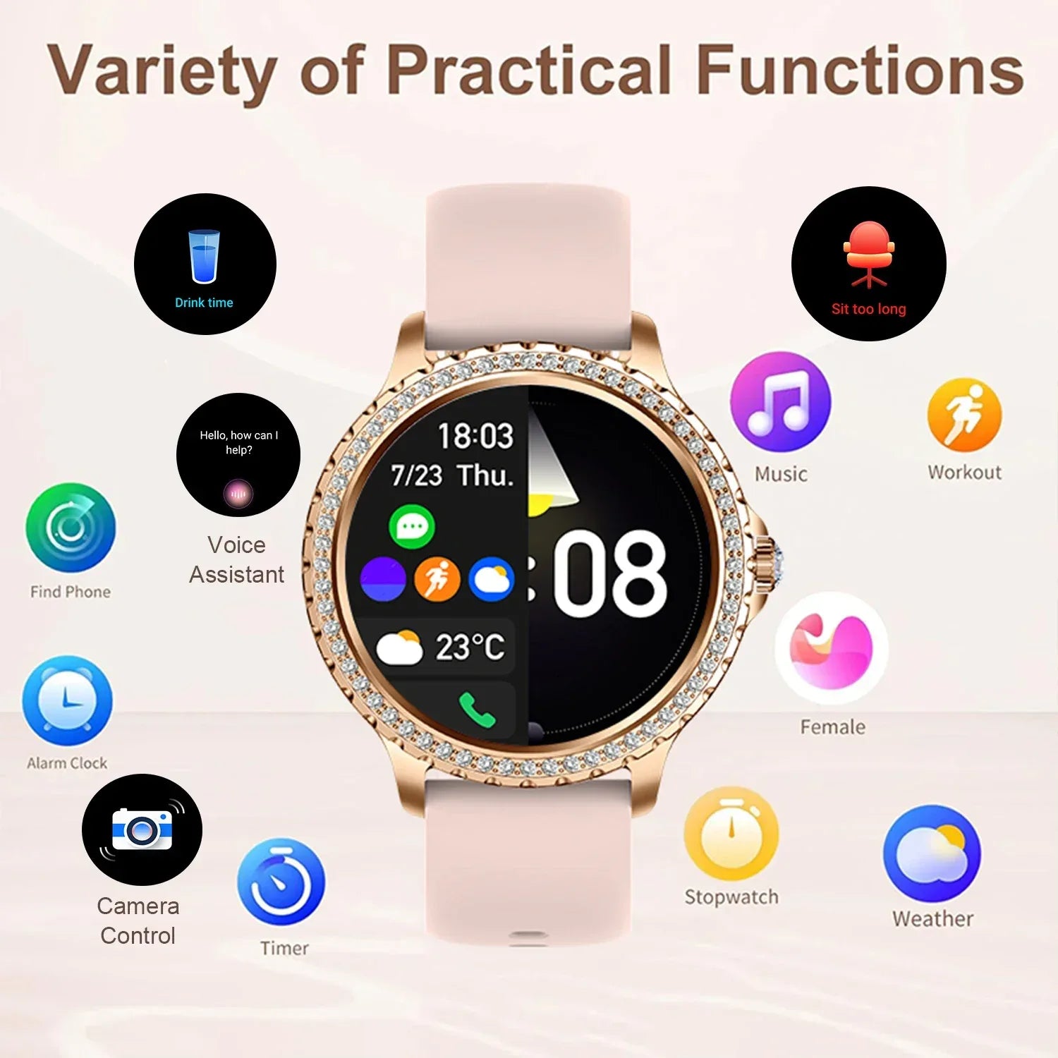 Smart Watch For women - 1.32" Touchscreen Fitness Tracker with Wireless Calls, Music Time Display, Step Counting - Wear444