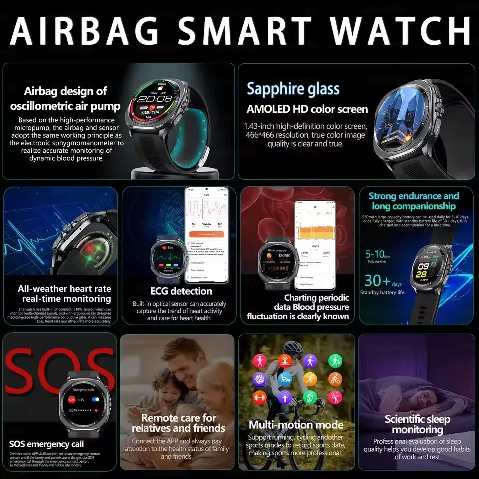 Airbag measurement Smart Watch Men ECG Air Pump Blood Pressure Blood Oxygen BT Call NFC SmartWatch For Man Android iOS upgrade - Wear444