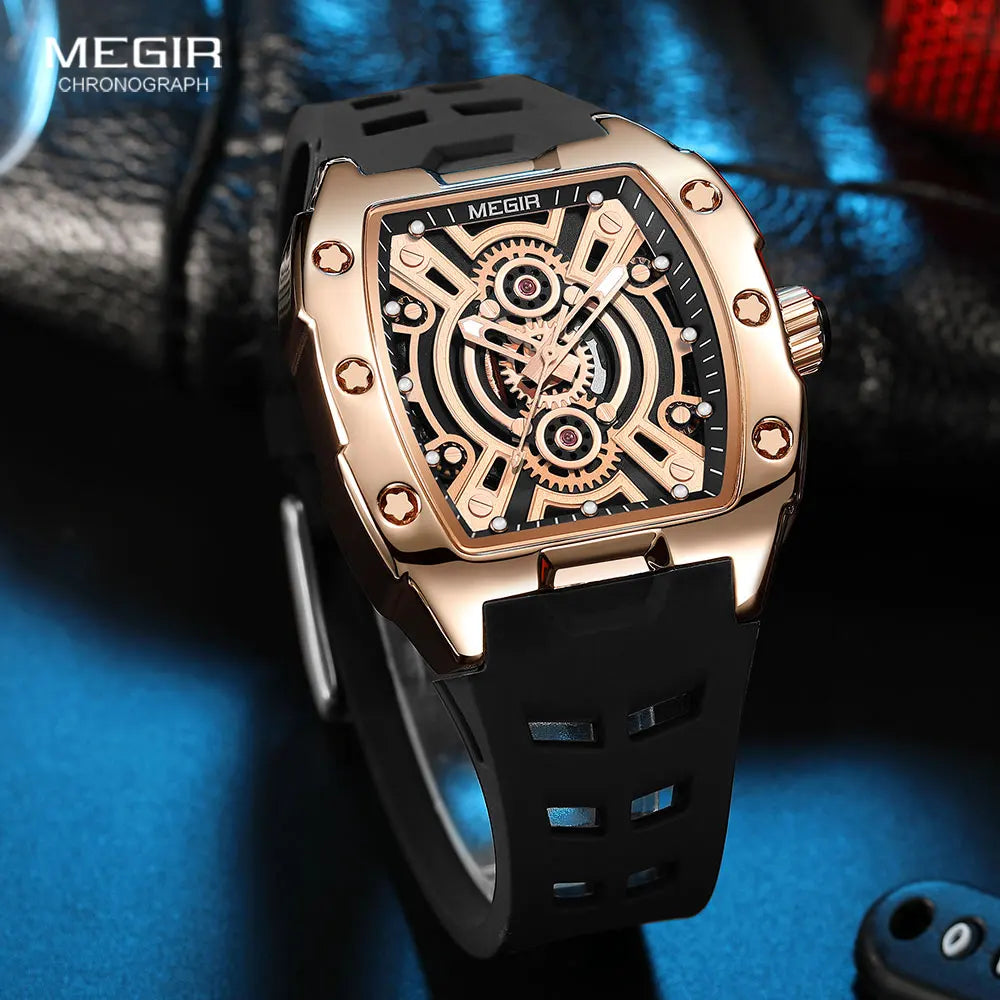 MEGIR Fashion Sport Quartz Watch for Men Tonneau Case Waterproof Luminous Hands Wristwatch with Silicone Strap Hollowed-out Dial