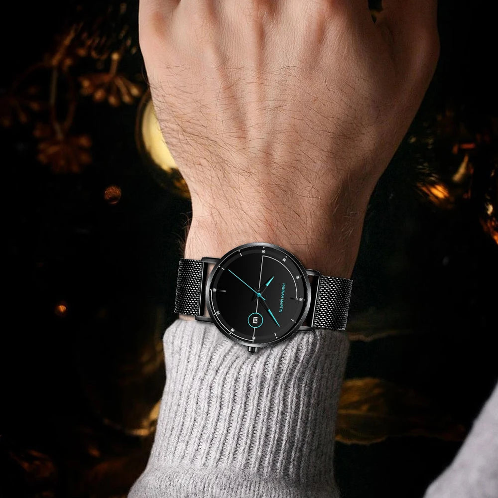 Top Men Quartz Watch With Japanese Movement Simple Blue Black Stainless Steel Mesh Belt Waterproof Travel Fashion Men Wristwatch